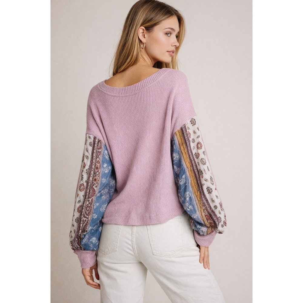 Free People Pink Blossom Thermal Knit Top with Patchwork Floral Sleeves Size L
